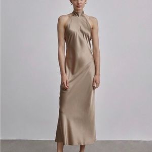 French Bow Halterneck Silk Maxi Dress